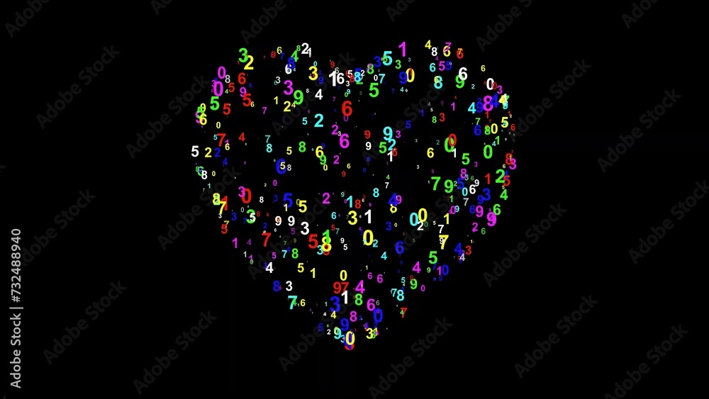 Beautiful illustration of heart shape with colorful numbers on plain black background