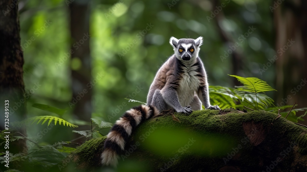 Obraz premium AI-generated illustration of a ring-tailed lemur sitting on a branch of a mossy tree.