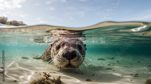 AI generated illustration of a cute brown otter underwater looking at the camera photo