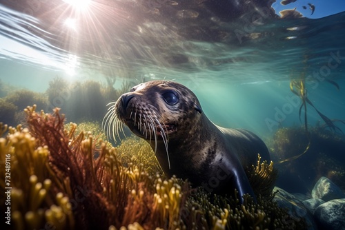 AI-generated illustration of a curious seal beneath the surface of the water.