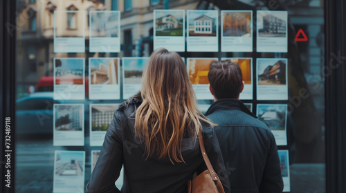 Un couple de dos regardant des annonces immobilières affichées dans une vitrine.