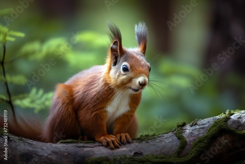 AI-generated illustration of a cute red squirrel on a mossy tree branch.