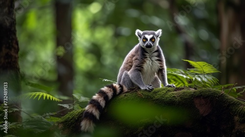 AI-generated illustration of a ring-tailed lemur sitting on a branch of a mossy tree.