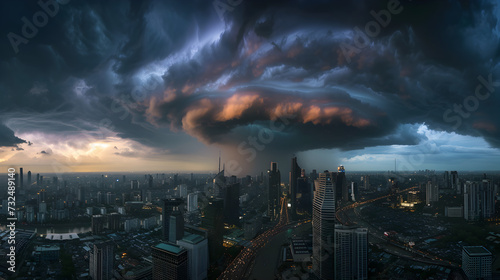 Dramatic aerial shot of a thunderstorm brewing over a city skyline.