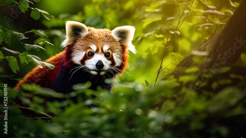 AI generated illustration of A red panda is resting peacefully in a forest
