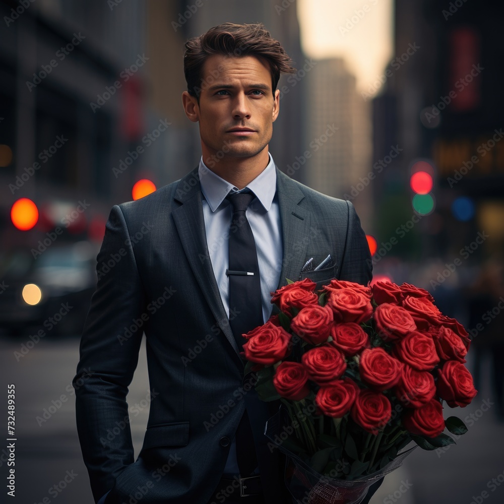 Romantic man in a business suit with a bouquet of roses in the city. Romantic man in a business suit with a bouquet of roses in the city.
