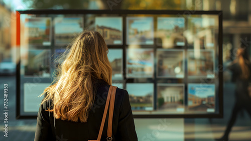 Une femme de dos qui contemple les annonces immobilières affichées dans une vitrine d'une agence.