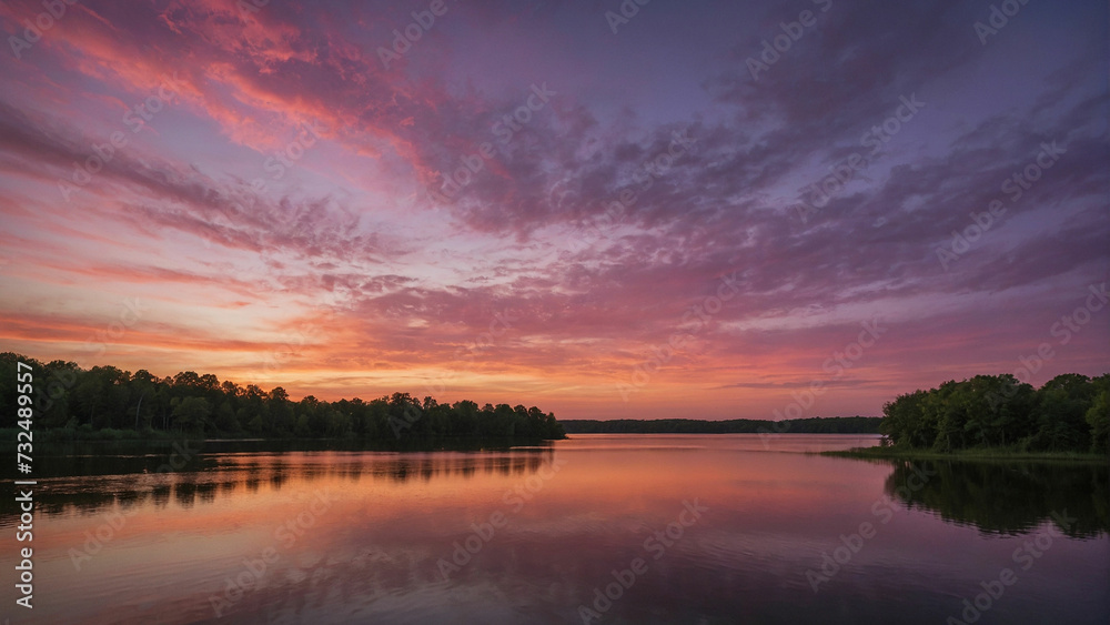 Sun dips below the horizon, capture the ethereal beauty of the twilight sky painted in shades of pink, orange, and purple and casting a serene ambiance over the tranquil lake and the surrounding trees