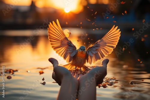 In this poignant scene, a bird gracefully emerges from open hands, illustrating the concept of freedom against the backdrop of a captivating sunset © Dejan