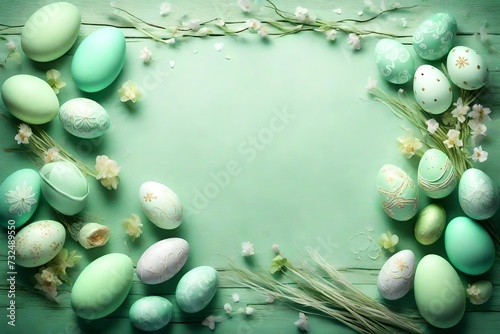 Soft mint green background adorned with elaborate Easter embellishments and an array of eggs  crafting an ethereal setting for your celebratory words