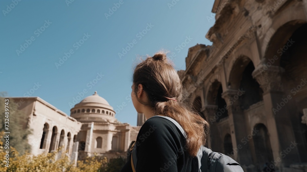 AI generated illustration of a female tourist admiring the historical architecture of an old city