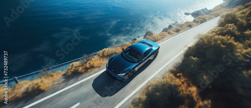 AI generated illustration of a blue automobile driving along a coastal road photo