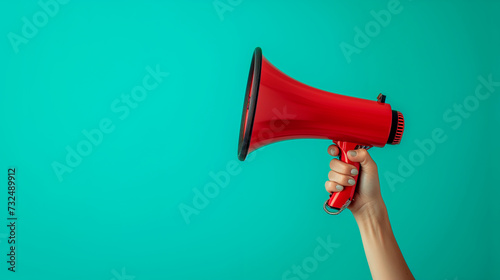 Female hand holding megaphone loudspeaker on a green wall background. Important social choice. Generative AI. 