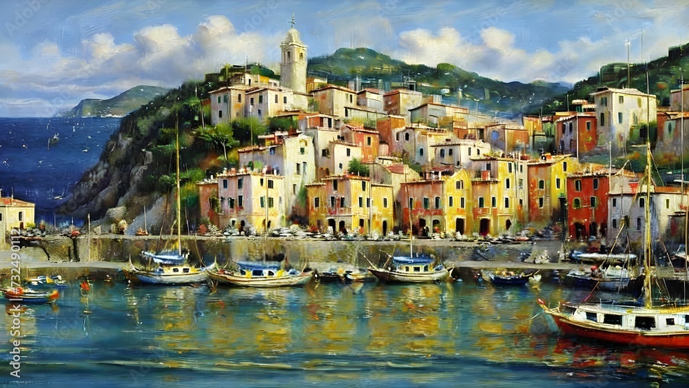 AI generated illustration of A beautiful painting of a tranquil harbor with several boats