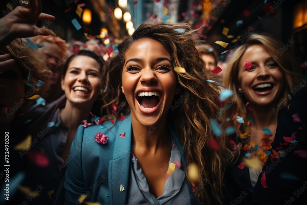 Amidst a shower of confetti, a diverse group of employees celebrates their triumph, highlighting the positive outcomes of teamwork and collaboration in business teambuilding initiatives