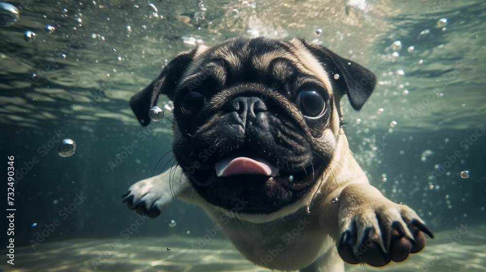AI generated illustration of an adorable cute pug swimming underwater looking at the camera
