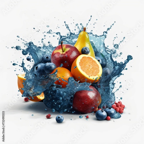 AI generated illustration of juicy fruits splashing in blue liquid on a white background