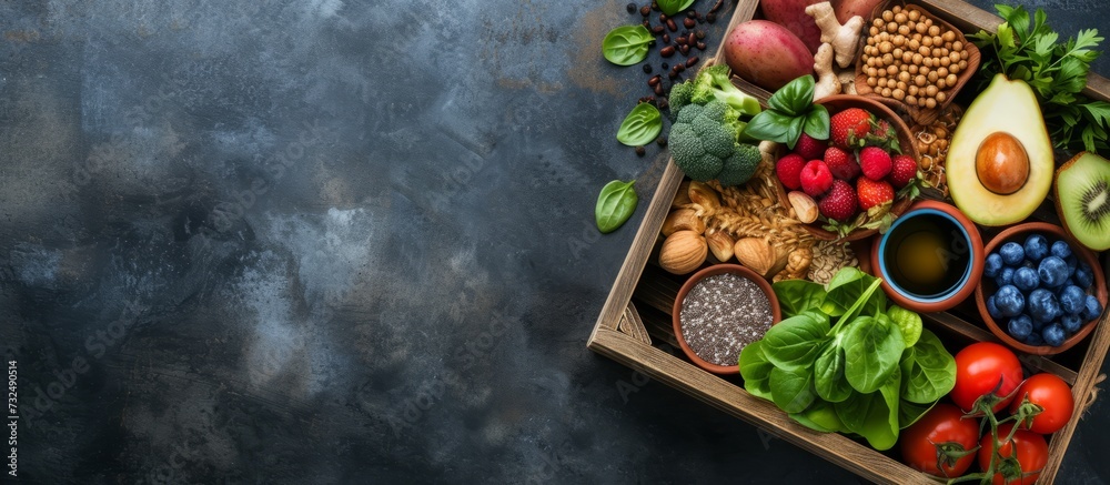 A wooden box atop a table is brimming with a variety of fresh fruits and vegetables, offering a wealth of natural foods and potential ingredients for delicious recipes and nutritious dishes. A wooden box atop a table is brimming with a variety of fresh fruits and vegetables, offering a wealth of natural foods and potential ingredients for delicious recipes and nutritious dishes.