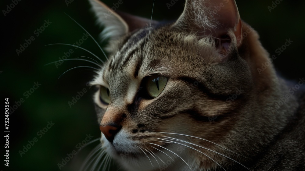 AI generated illustration of a striped cat with dark green eyes