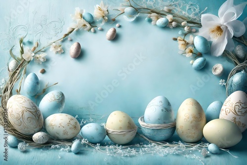 Subdued sky-blue background with elaborate Easter embellishments and an assortment of eggs, creating an ethereal setting for your celebratory message