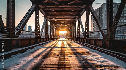 AI generated illustration of a snowy bridge illuminated by bright rays of sun