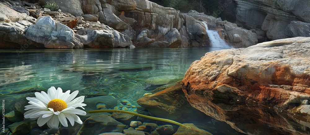 A natural landscape with a watercourse flowing in the background and a beautiful flower blooming in the foreground.