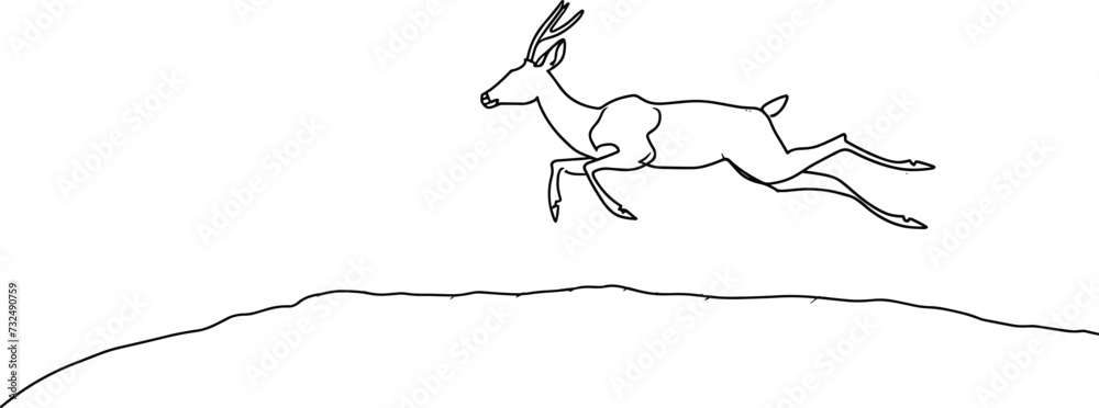Continuous One Line Drawing of a Running Deer Leaping Over a Meadow - Linear Wildlife Sketch, Graceful Animal Motion, Majestic Mammal Art