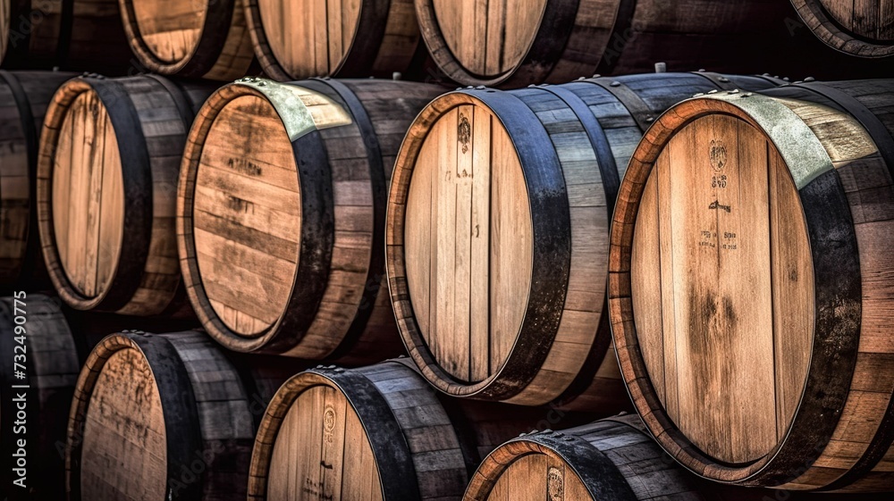 AI generated illustration of an array of wooden wine barrels stacked in an organized manner