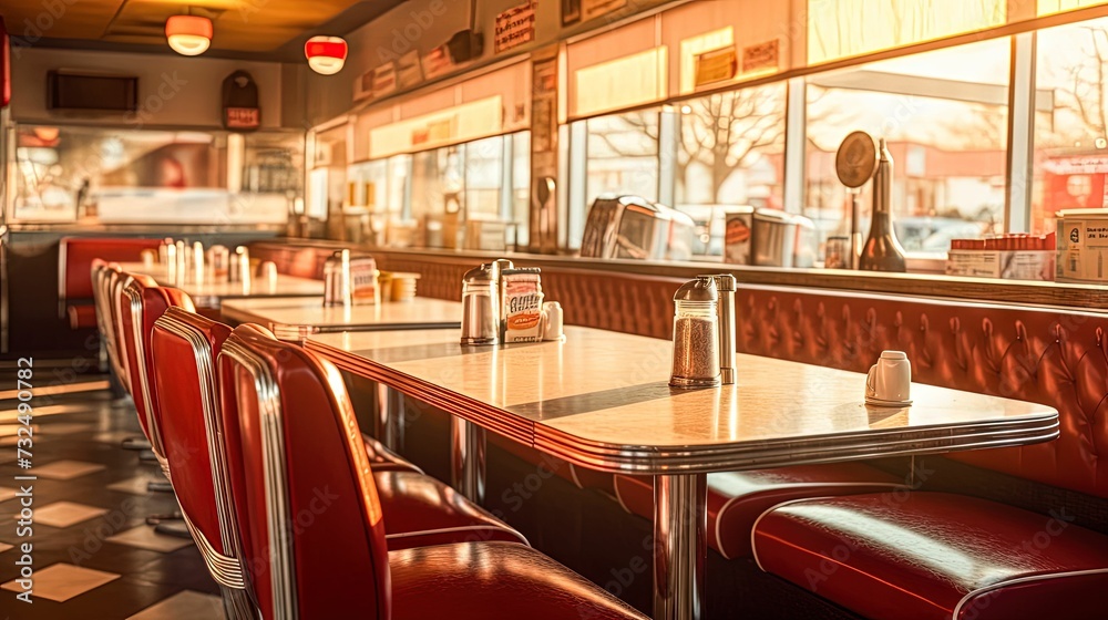AI generated illustration of a cozy diner interior featuring an empty table with chairs arranged