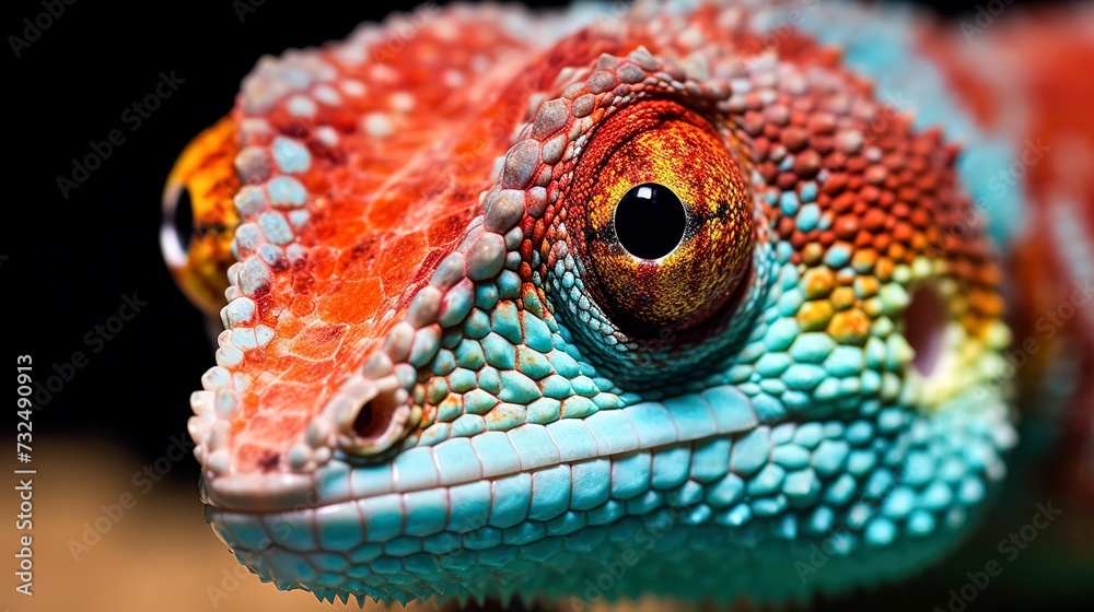 Fototapeta premium AI generated illustration of a lizard's eye, featuring a vivid contrast of blue and orange tones