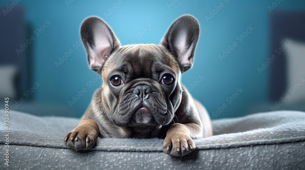 AI generated illustration of a happy brown French Bulldog lying contentedly on a bed