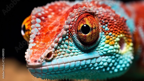 AI generated illustration of a lizard's eye, featuring a vivid contrast of blue and orange tones