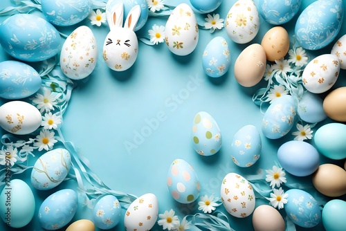 Bird's eye view of a gentle sky-blue ambiance featuring whimsical Easter details and a variety of eggs, offering a unique perspective for your celebratory text photo