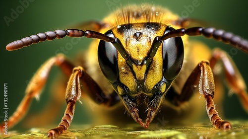 AI generated illustration of a bee with horns perched on a green leaf © Wirestock
