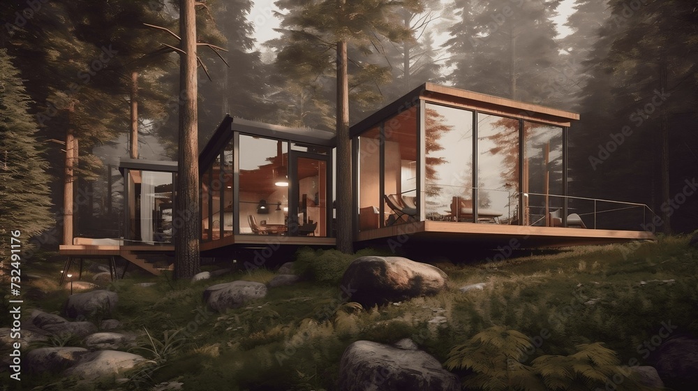 AI generated illustration of a modern wooden house situated in a tranquil wilderness landscape