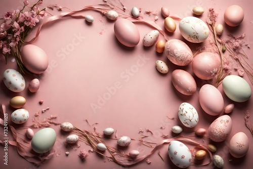 Muted rose-colored backdrop highlighted by intricate Easter embellishments and a variety of eggs, forming a charming backdrop for your celebratory text