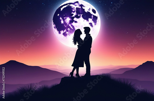 Romantic asian couple in love embracing each other on the moonlight