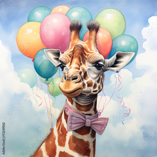 a giraffe holding onto balloons