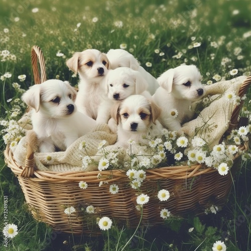 Wicker basket with adorable puppies surrounded by flowers. AI-generated.