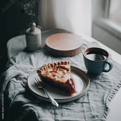 Delicious dessert of a slice of pie with a cup of coffee. AI-generated.
