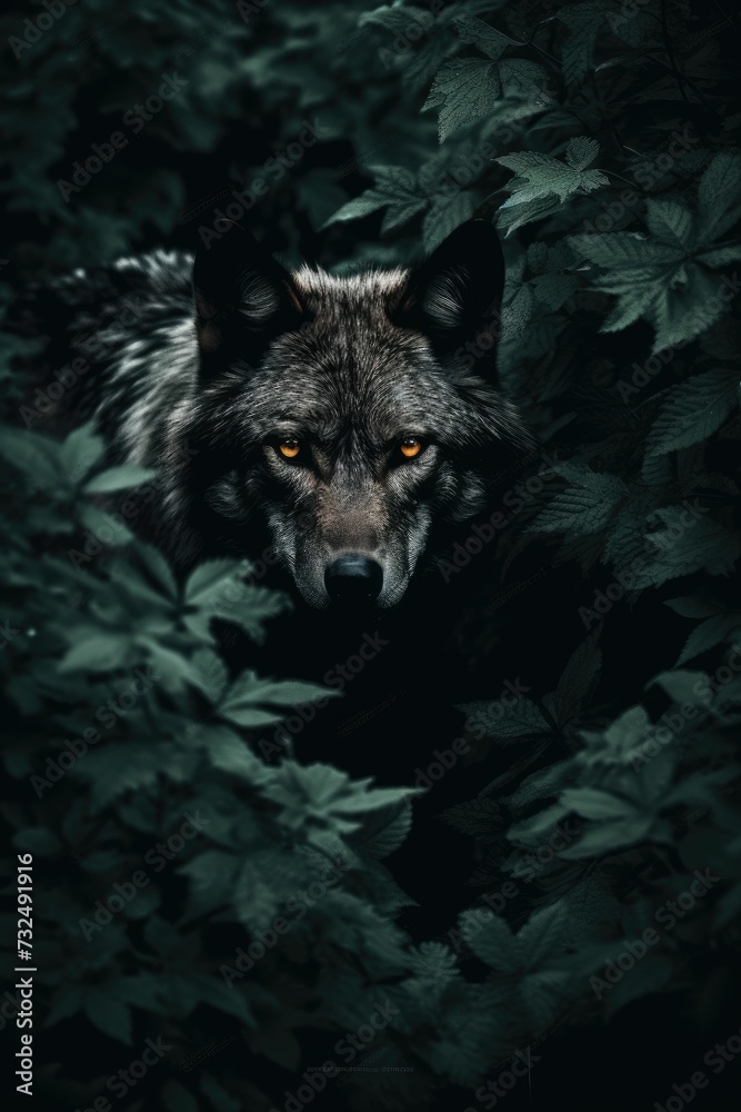 Wild gray wolf stares off into the horizon in a dark, moonlit environment, ai-generated