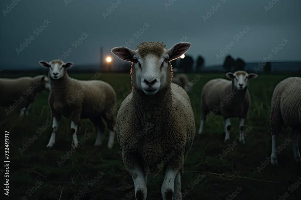 Herd of sheep grazing in a lush green meadow at dusk, ai-generated