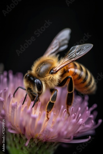 Single bee atop a vibrant pink flower, ai-generated © Wirestock