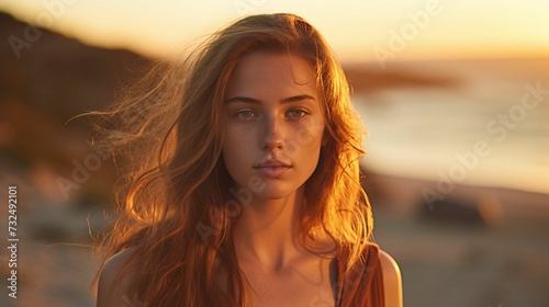 Sunset Self-Doubt: A Girl's Introspective Moment on a Desolate Beach © Wirestock
