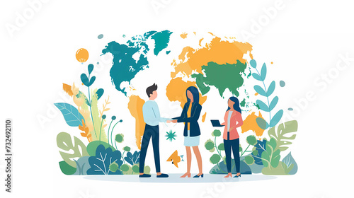 Business people collaborate for green business idea on white background.Sustainable economic growth strategy.ESG concept.Flat vector illustration.