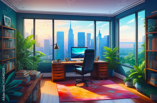 Cozy home office with hardwood floor in modern apartment for mockup  game room background. Beautiful colorful view from the window