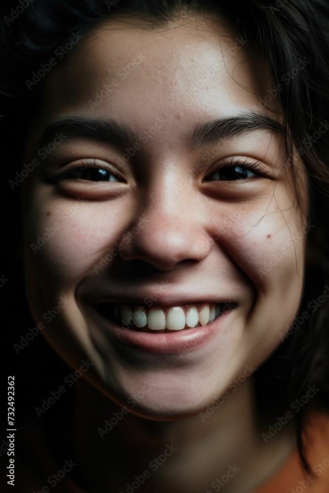 Cheerful young woman with flowing hair smiles into the camera, ai-generated