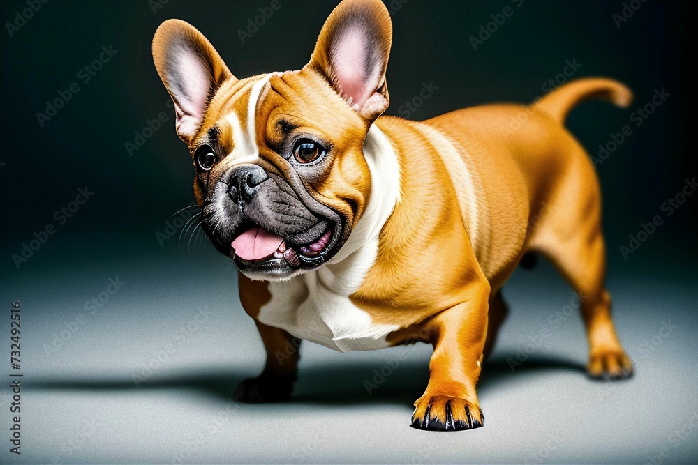 AI generated illustration of a brown and white French Bulldog in a gray room