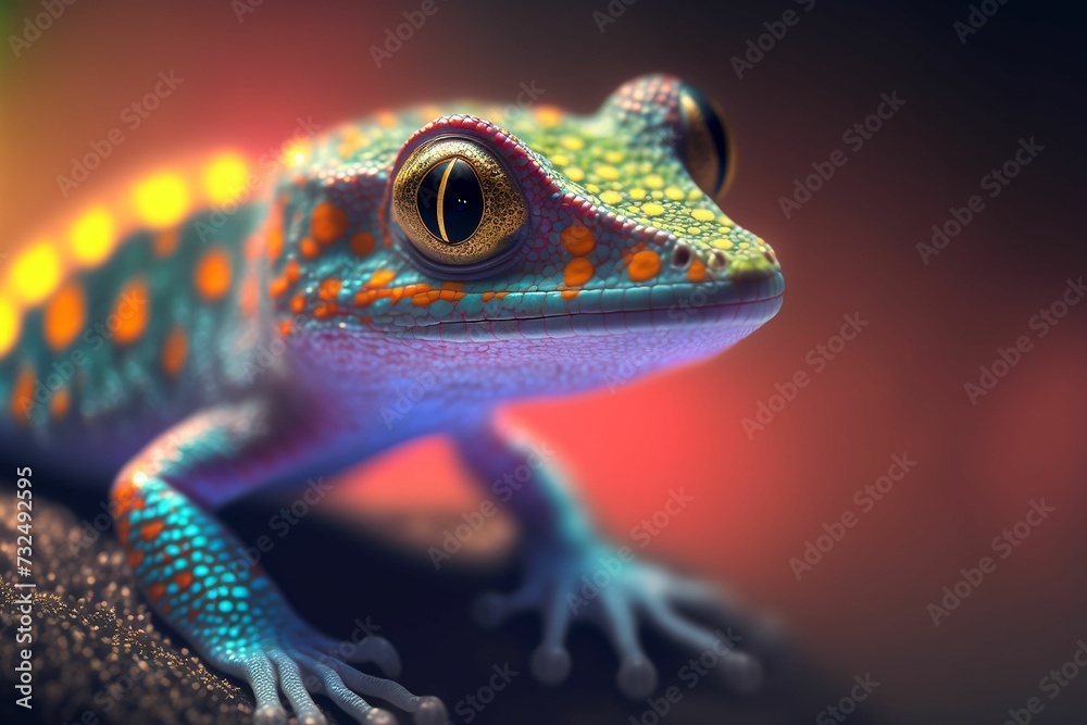 Fototapeta premium AI generated illustration of a colorful Chameleon on a rock on a blurred background