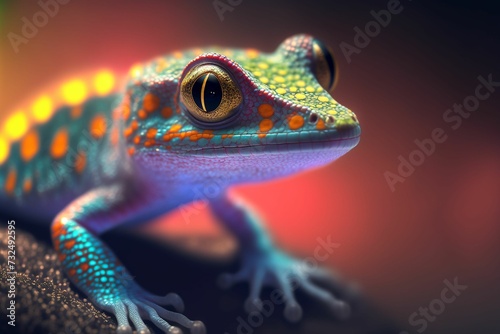 AI generated illustration of a colorful Chameleon on a rock on a blurred background